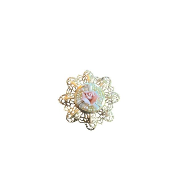Vintage Brooch Gold Tone Filagree Ceramic 3D Bisque Porcelain Flower Faux Pearls - Picture 2 of 9